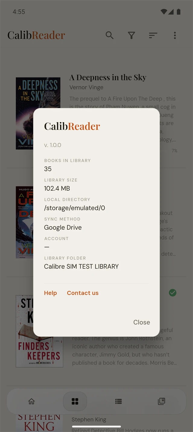 CalibReader About panel showing the current sync method, library folder, full path, and account
