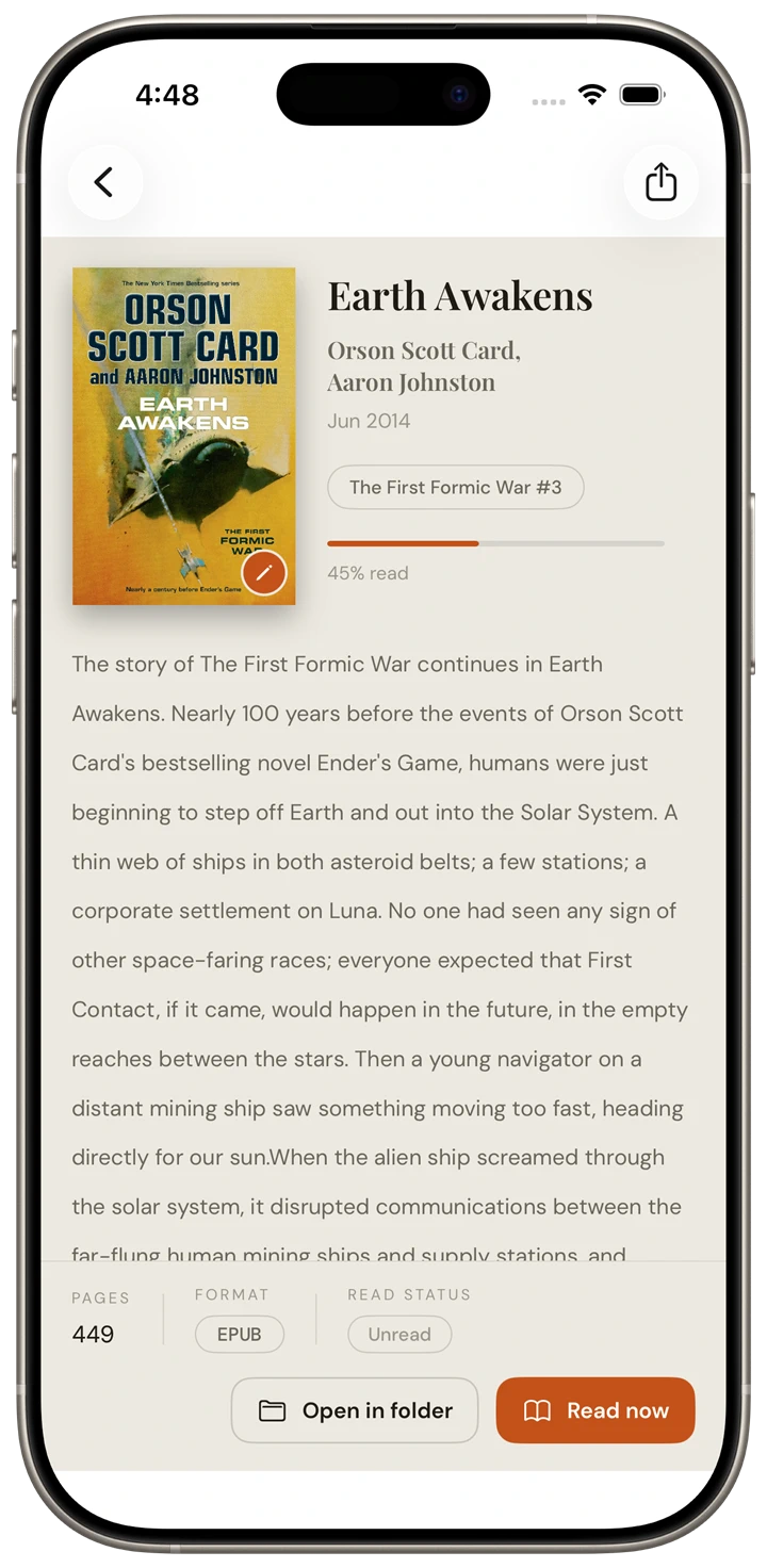 CalibReader book detail screen with cover, metadata, description, and Read now button