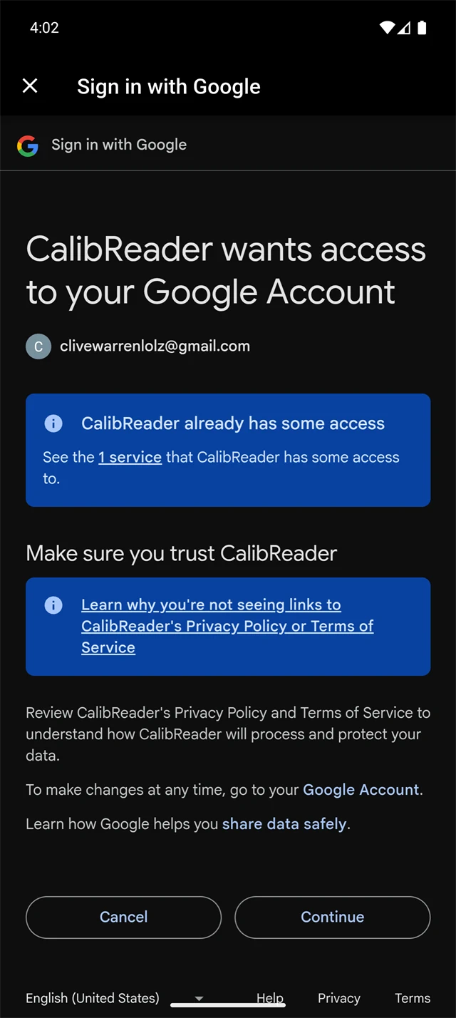Approving CalibReader's access to your cloud account