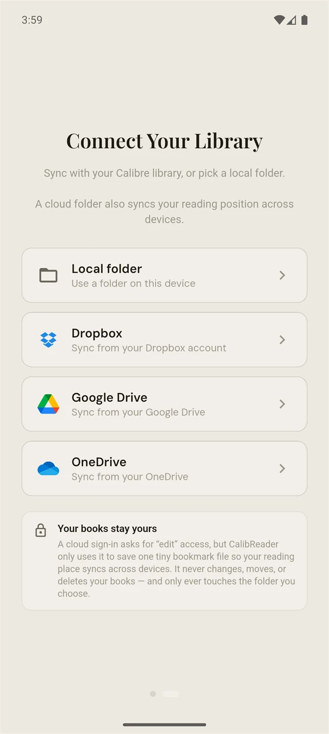 CalibReader Connect Your Library screen with Local folder, Dropbox, Google Drive, and OneDrive