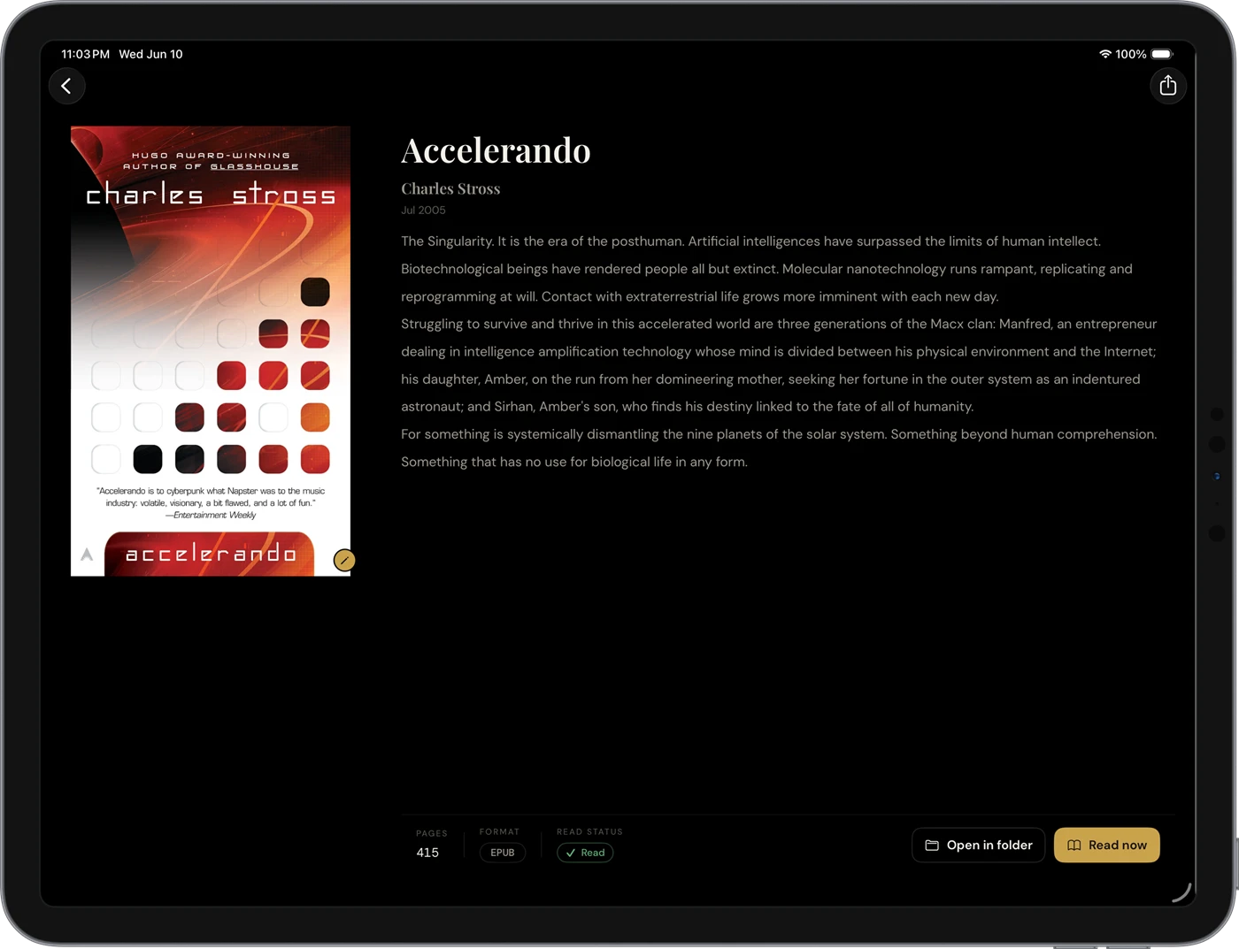 CalibReader book detail in dark mode on iPad