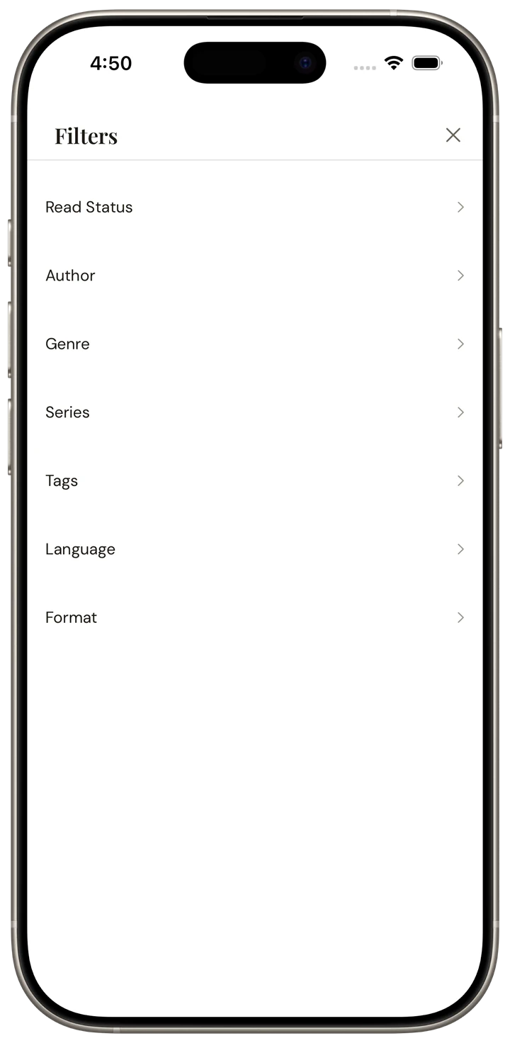 CalibReader filters panel: read status, author, genre, series, tags, language, format