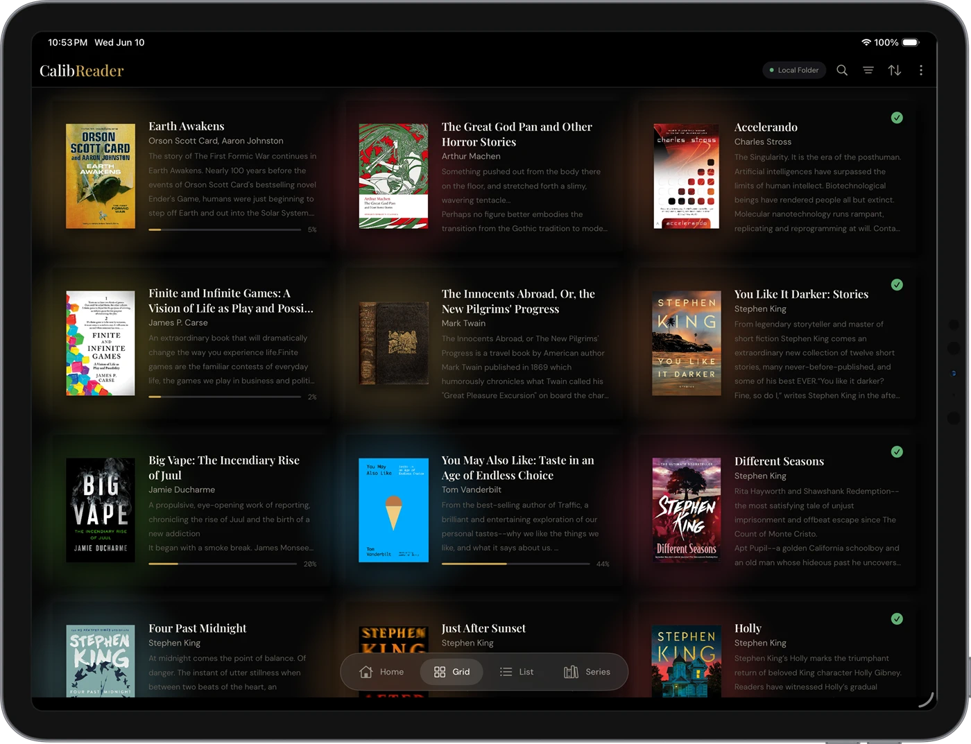 CalibReader grid view in dark mode on iPad
