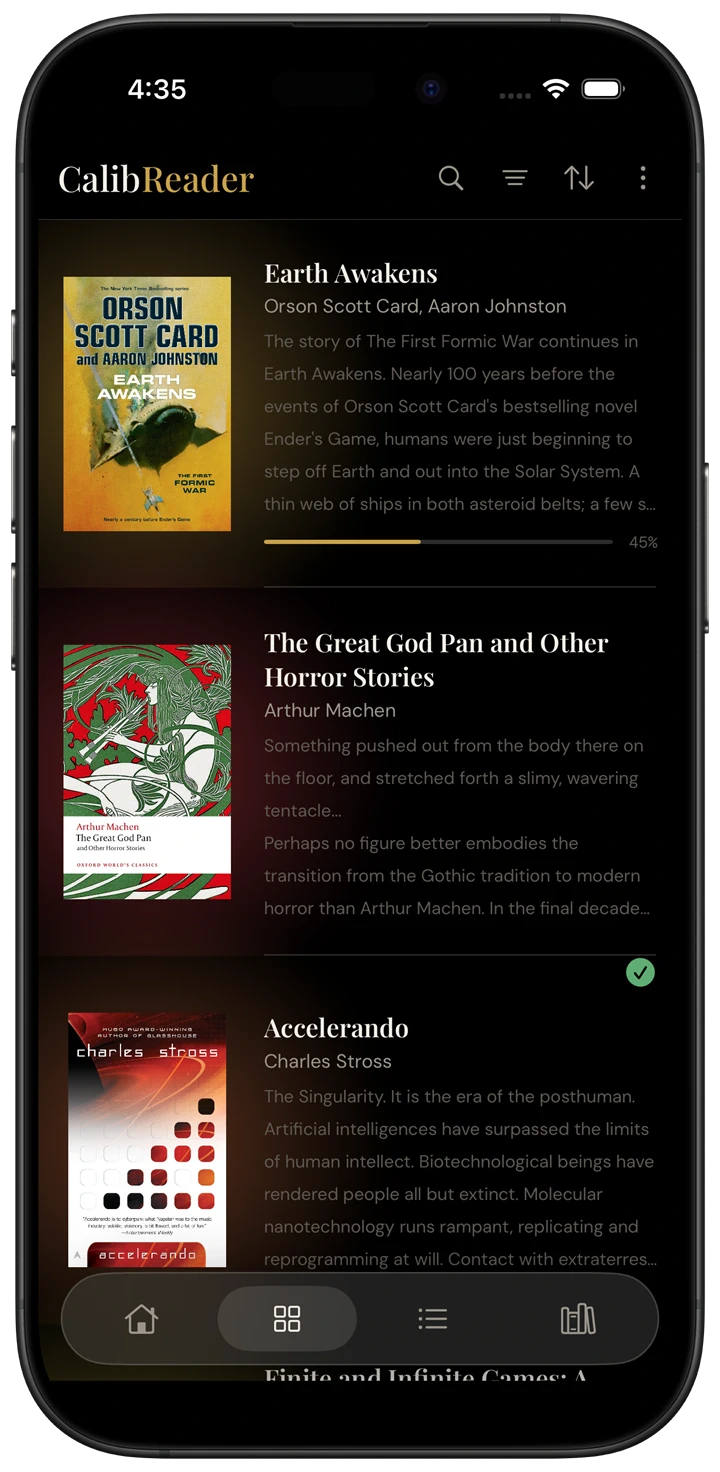 CalibReader grid view in dark mode on iPhone