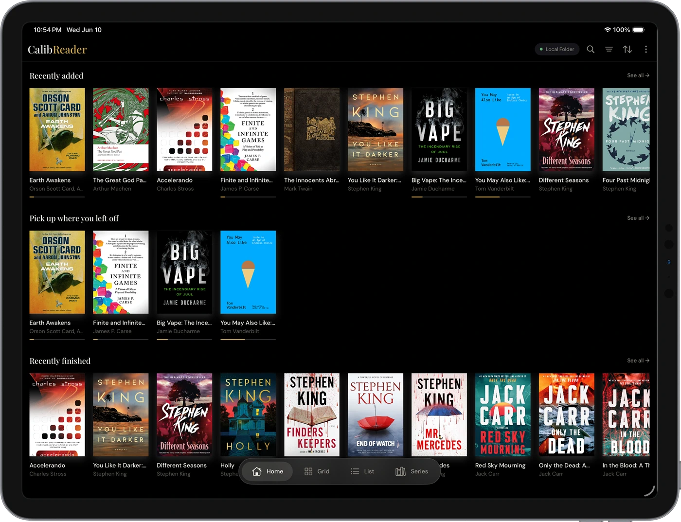 CalibReader Home in dark mode on iPad