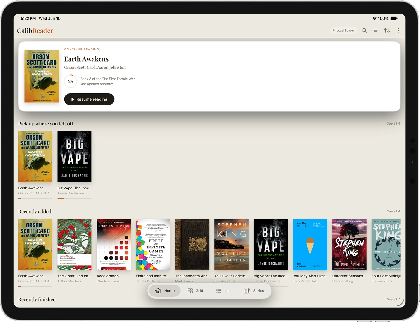 CalibReader Home on an iPad in landscape