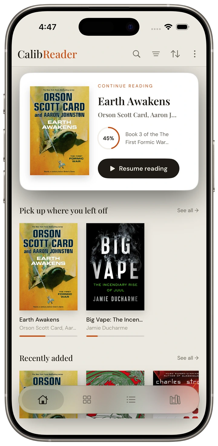 CalibReader home screen, with continue-reading and recently-added shelves