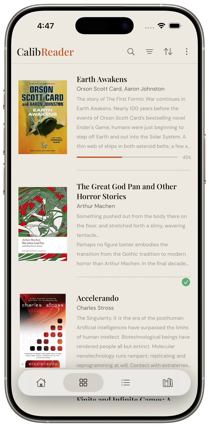 CalibReader library screen showing books with covers, titles, authors, and descriptions