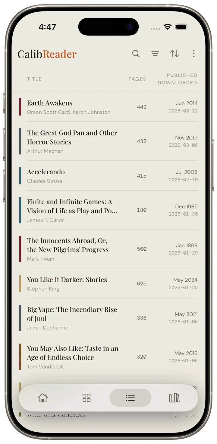 CalibReader list view on iPhone, a compact list