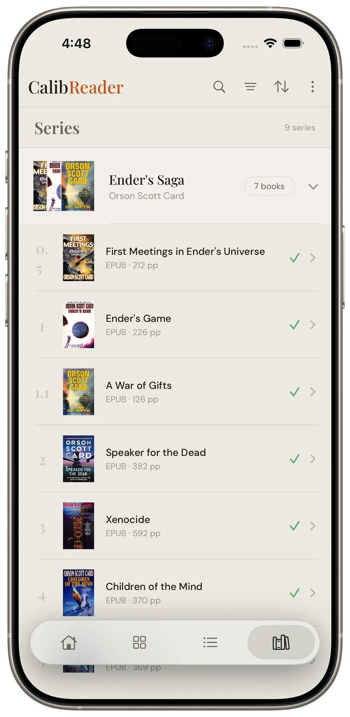 CalibReader series view with a series expanded to show its books in reading order