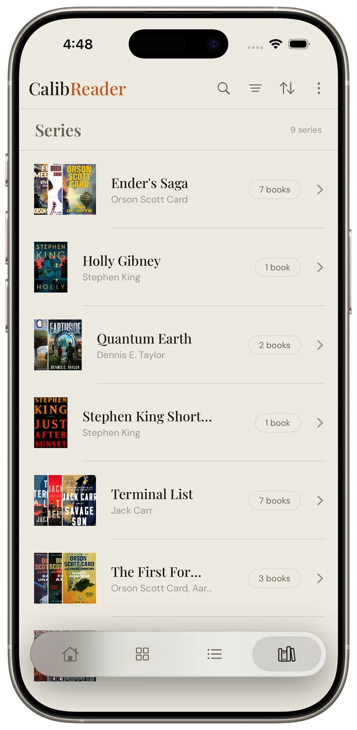 CalibReader series view, collapsed, one row per series with a book count