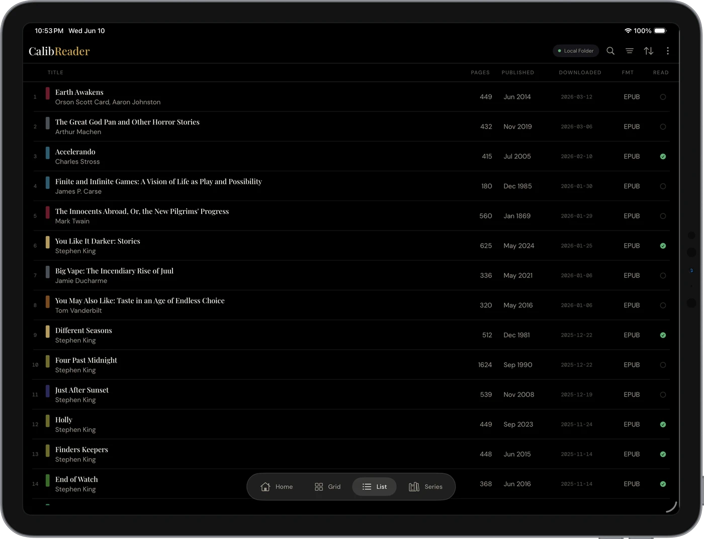 CalibReader list view in dark mode on iPad