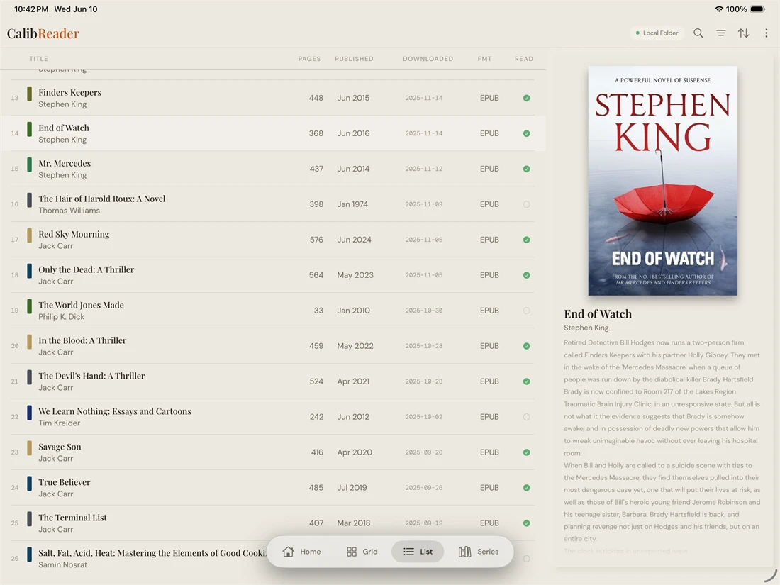 CalibReader list view on a tablet with a book selected and its detail panel open beside the list
