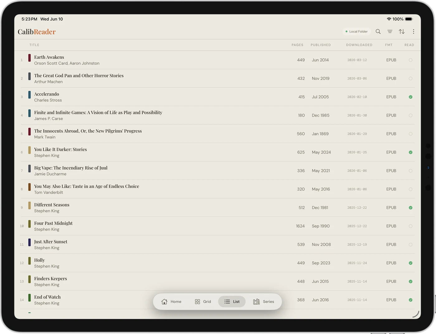 CalibReader list view on an iPad in landscape, resembling the Calibre desktop app