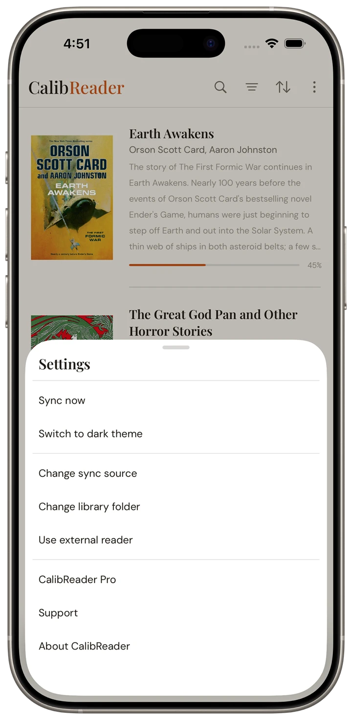 CalibReader library menu with theme, sync source, folder, and sign out