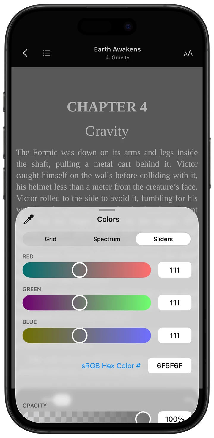CalibReader custom background color picker, choosing any color by swatch, spectrum, or hex value