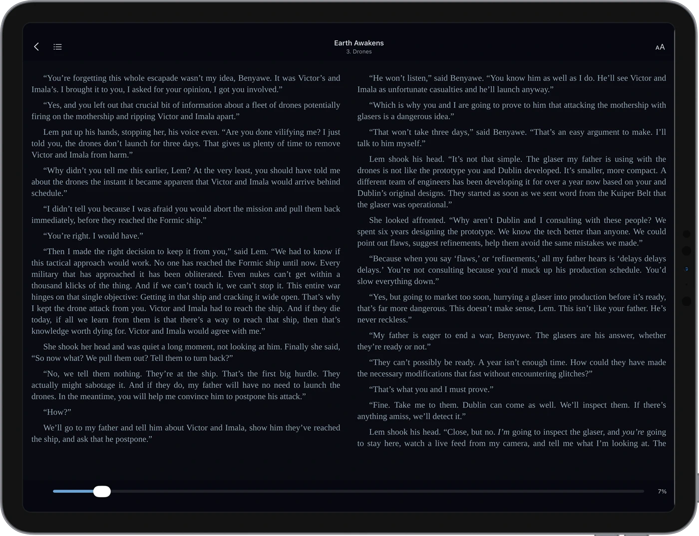 CalibReader dual-page reading mode on an iPad in landscape, two pages side by side like an open book