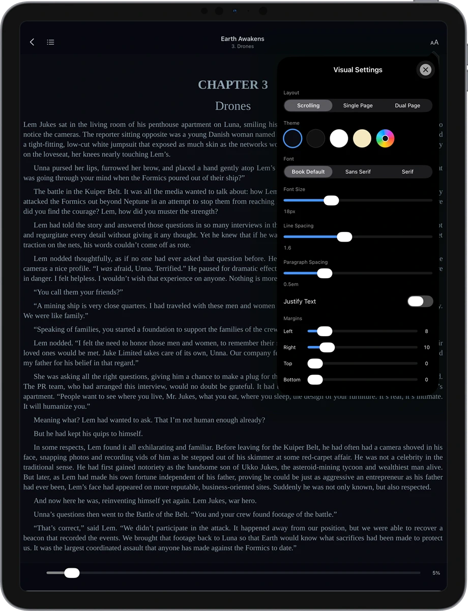 CalibReader Visual Settings: layout (scrolling, single page, dual page), themes with a custom color picker, fonts, spacing, justification, and margins