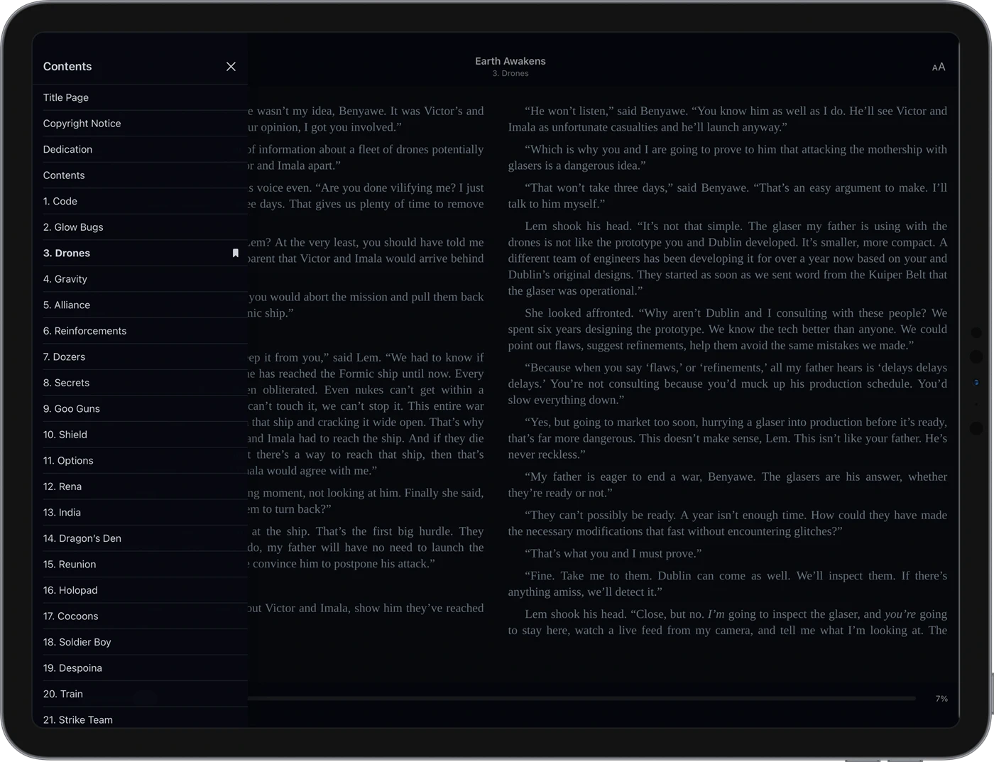 CalibReader's contents drawer open beside the page, every chapter linked with the current chapter marked