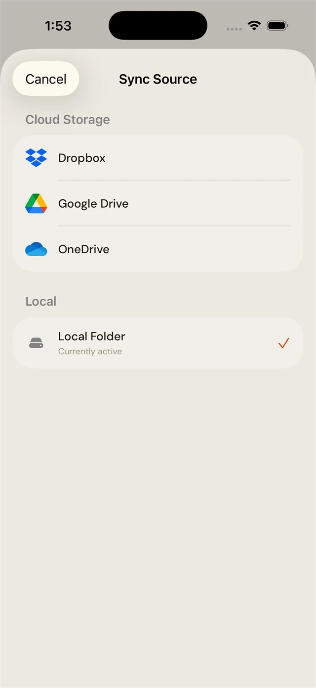 CalibReader Sync Source screen with Dropbox selected